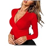 Womens Sexy Deep V Neck Wrap Tops Long Sleeve Low Cut Pleated Criss Cross Wrap Shirts Ribbed Knit Slim Fit Tunic Tops
