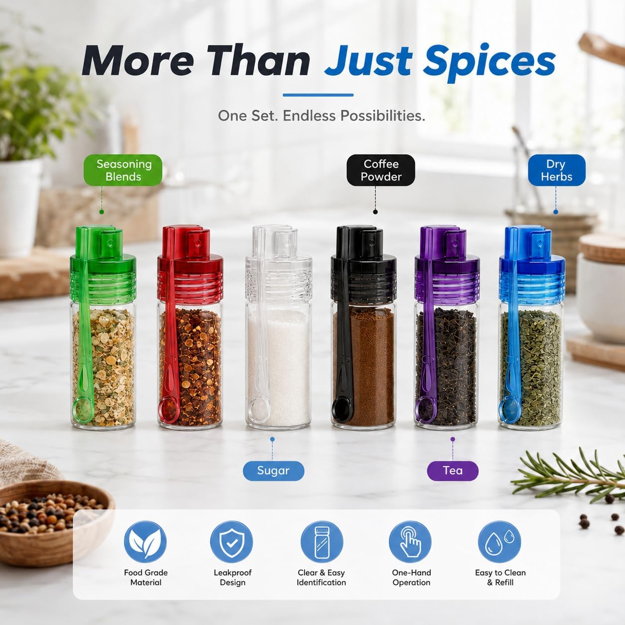 6 Pack Travel Spice Containers with Spoon, Airtight Small Spice Jars