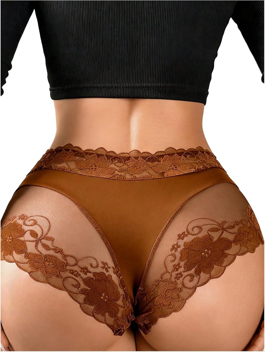 WDIRARA Women's Floral Lace Sheer Briefs High Waist Panties Sexy Seamless Underwear
