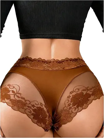WDIRARA Women's Floral Lace Sheer Briefs High Waist Panties Sexy Seamless Underwear
