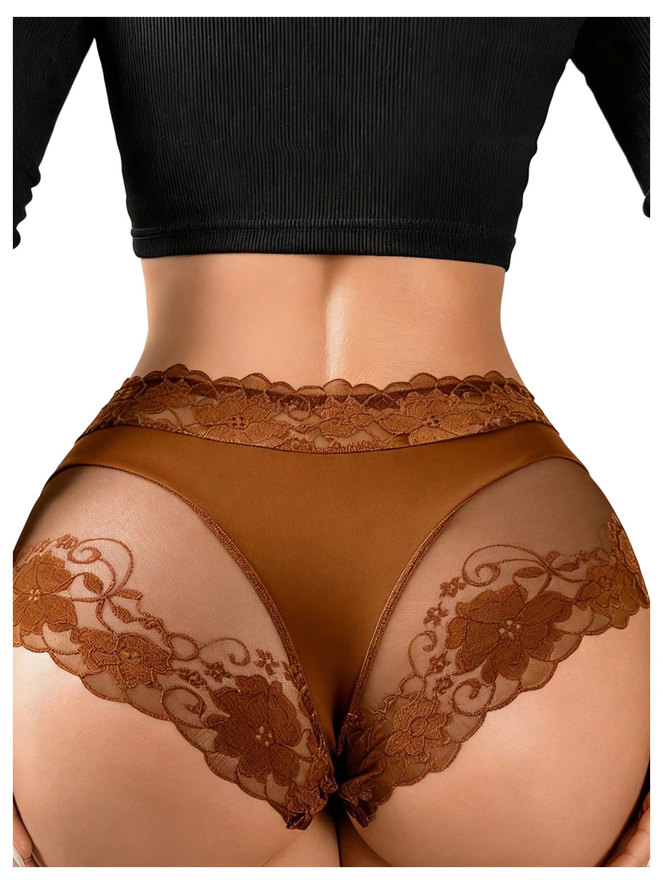 WDIRARA Women's Floral Lace Sheer Briefs High Waist Panties Sexy Seamless Underwear