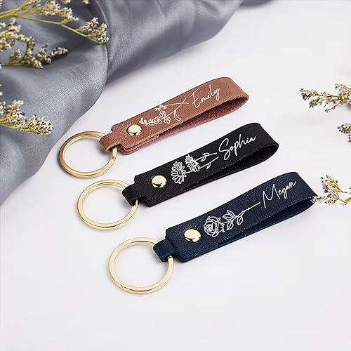 Miniatura 3 de Personalized Birth Flower Key Chain with Name,Custom Leather KeyChain Engraved Handmade Keychain Christmas Wedding Birthday Gifts for Women (Birth