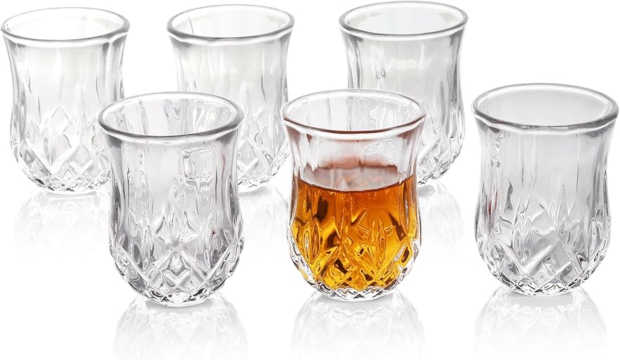 QUAFFER Shot Glass (Set of 6) – Elegant Diamond Patterned Shot Glasses 1.75 oz – Classic Whisky Vodka Tequila Sherry Brandy Cordial Mini Snifters Glasses - Perfect for Parties, Bars, Events, Home Bar