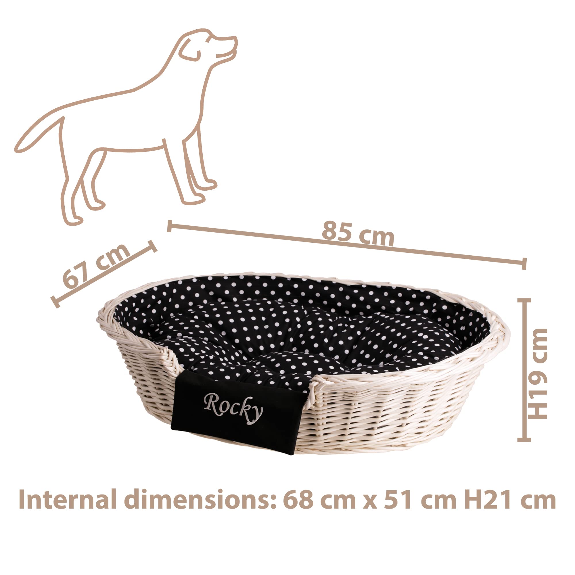 Cesta para perros, cesta para gatos, cojín para perros, cesta de mimbre (85 cm, color blanco, con bordado)