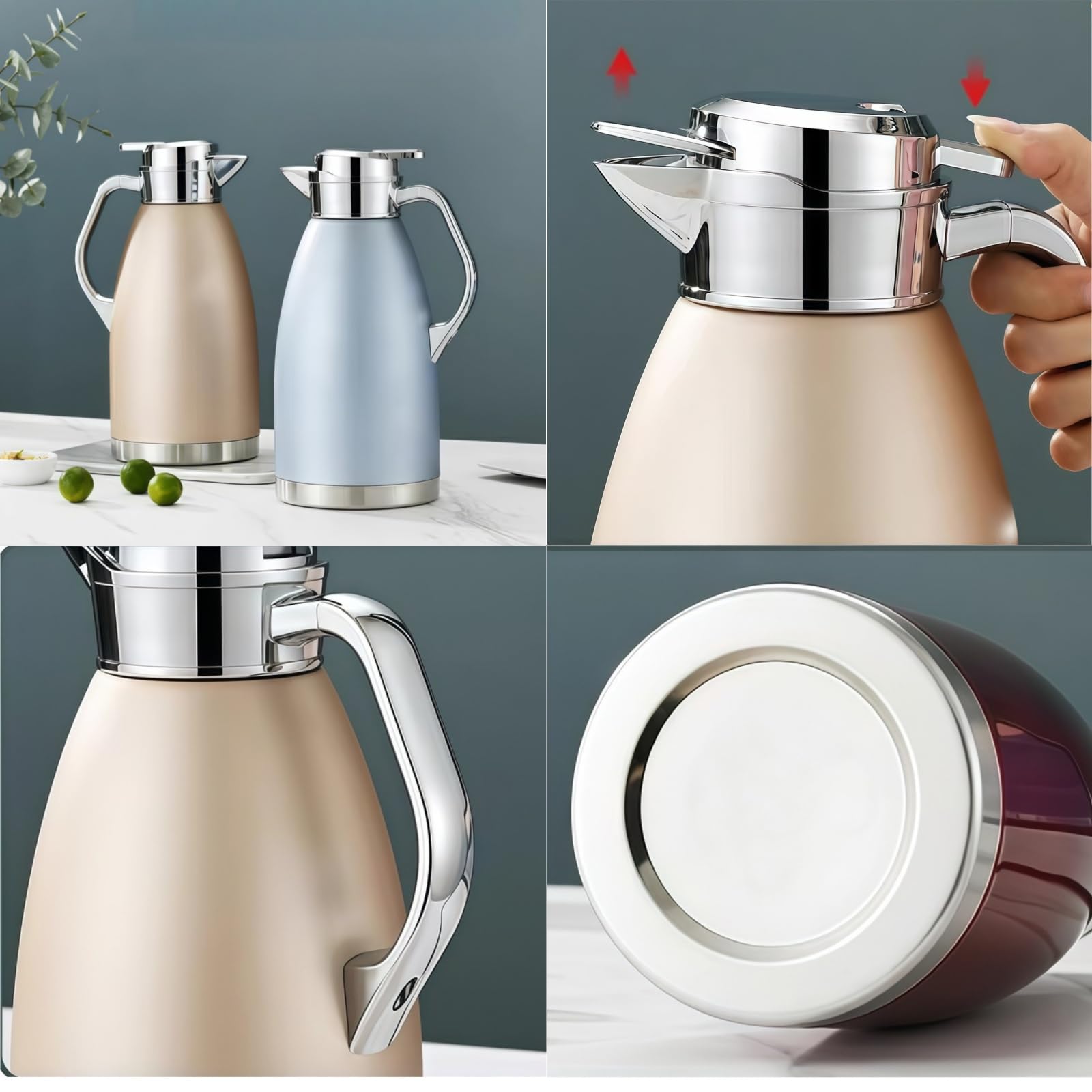 Caraffa termica da caffè in acciaio inox, doppia parete isolata sottovuoto, ritenzione calda e fredda, 2,3 l, per acqua, caffè, tè, bevande, beige
