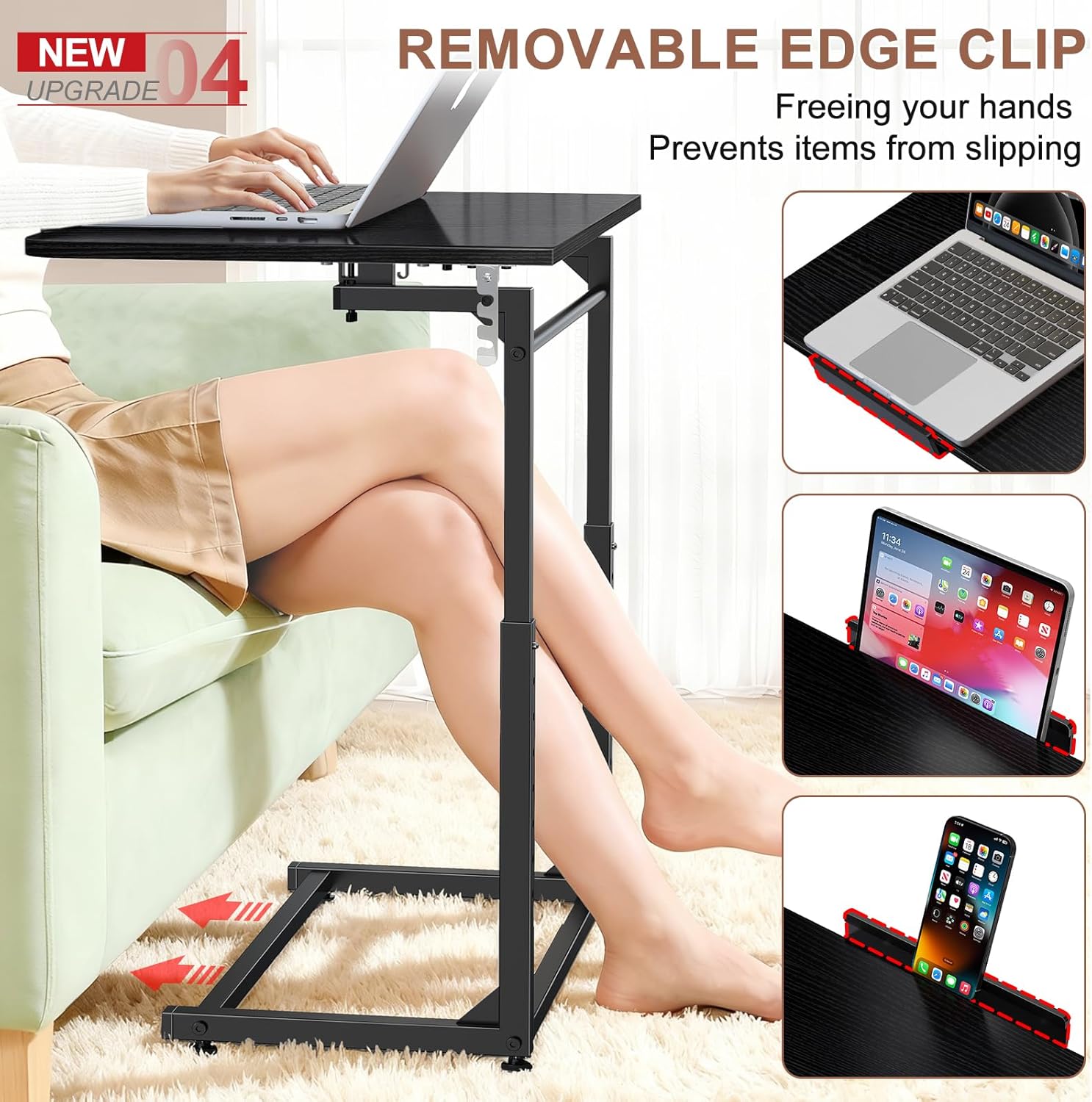 Tv Tray Table Set of 2,Extra Large Dinner Food Tray Table,Couch&Bed Eating Desk,Heavy Duty Folding Laptop Side Table with 8 Height&90° Tilt Adjustable,C-Shaped End Table with Phone Slot Black