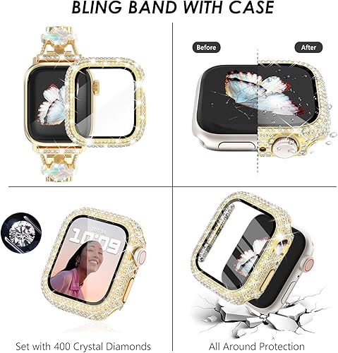 Miniatura 9 de Surace Compatible con correas doradas de Apple Watch de 1.575 pulgadas para mujer, joyería de diamantes de imitación de acero inoxidable con funda