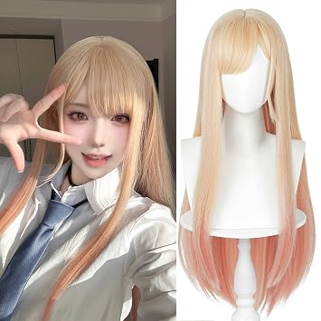 Probeauty Blonde Pink Wig, Long Straight Ombre Wigs for Women Anime Cosplay, Halloween Costume Party Hair with Wig Cap 32 Inch