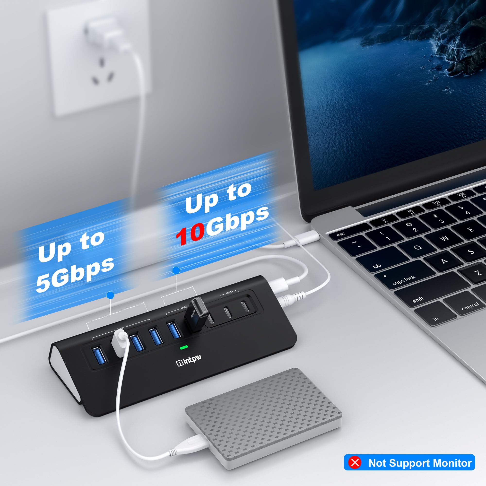 intpw Hub USB alimentato da 10 Gbps, hub USB 3.2 a 9 porte, hub USB C con 3 USB 3.2, 4 USB 3.0, 2 porte di ricarica PD da 45 W, cavo da 3,3 m e adattatore di alimentazione da 65 W, hub USB in