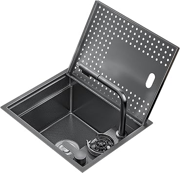 Kitchen Sink Kitchen Sink Single Bowl Kitchen Sink Hinged Lid to Hide the Sink Multifunctional Bar Sink Built-in Sink Kitchen Sink with a Bowl Complete Accessories 55 x 38 cm