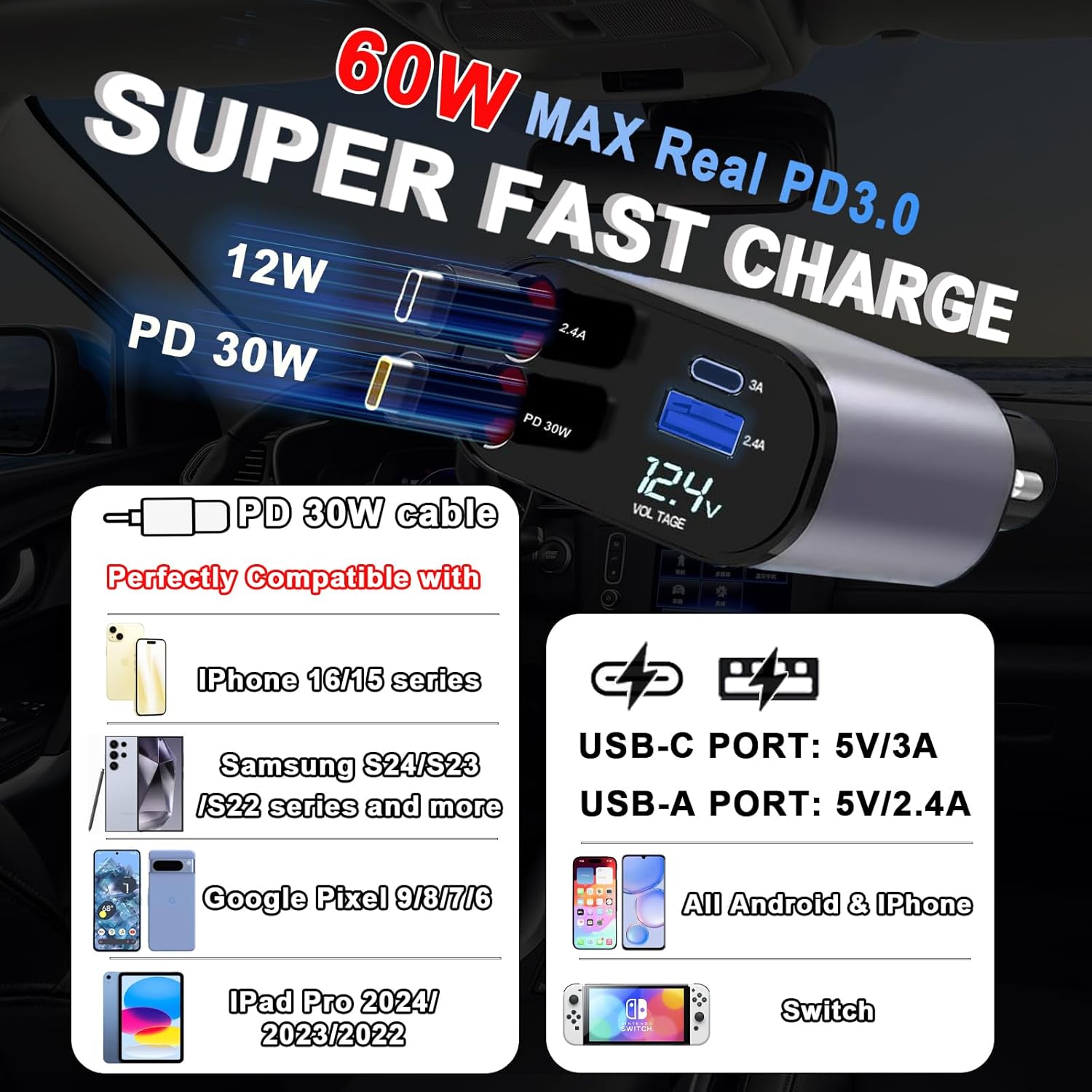 Retractable Car Charger 4 in 1 USB C Fast Charger with Dual Type-C Cables (31.5 inch) with Voltage Display Compatible with iPhone 16/15 Pro Max Samsung Galaxy Note(2 Pack)