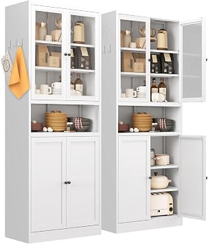 72" Tall Metal Storage Cabinets with 4 Doors and Shelves,White Kitchen Pantry Cabinet,Freestanding Steel Cupboard Display Cabinets for Kitchen,Living,Dining Room,Bathroom,Assembly Required