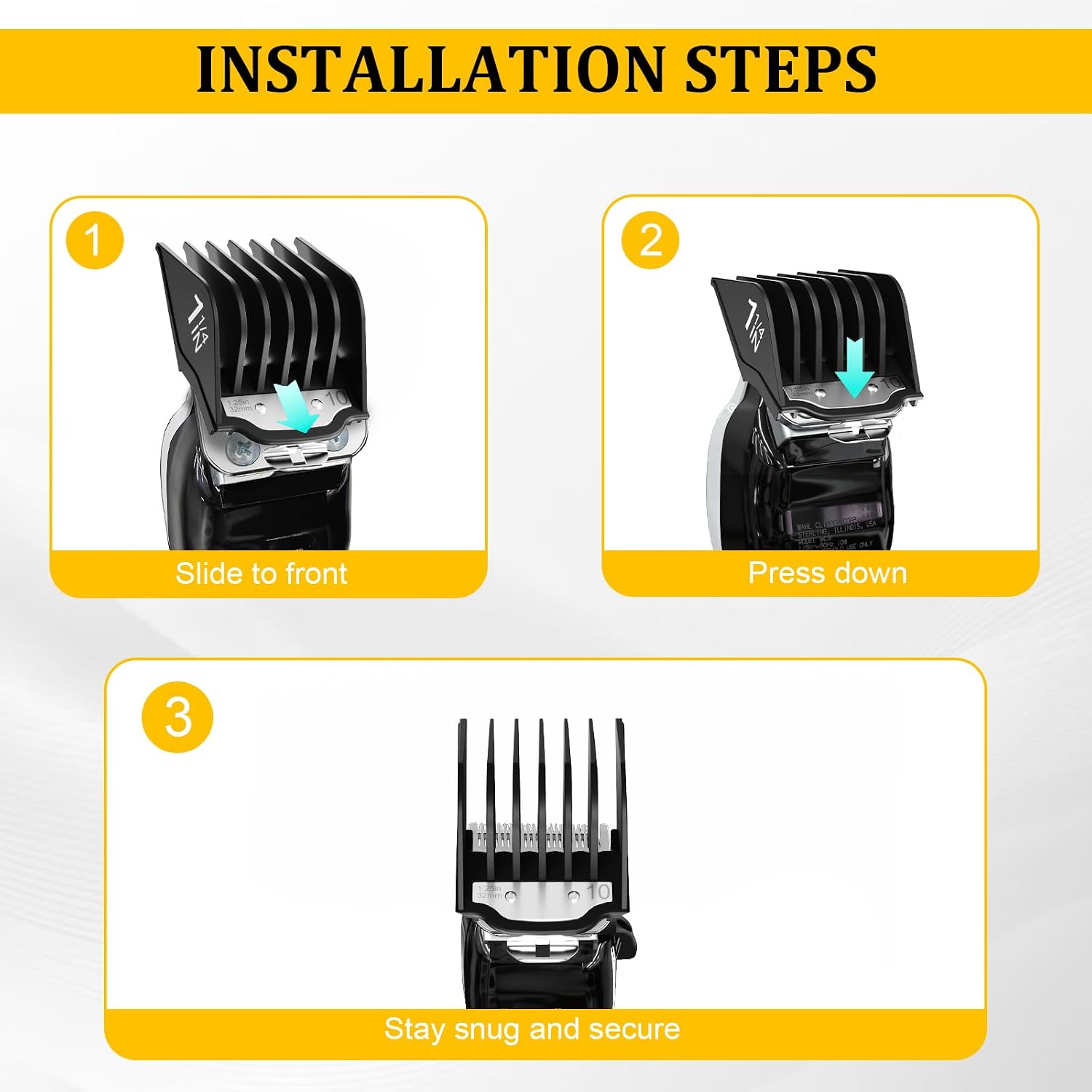 Clipper Guards with Metal Clip 1.25", 1.5", 1.75", 2" Compatible with Most Wahl Clippers, New Version 4 PCS Extra Long Professional Hair Clipper Combs Guides 10 12 14 16, Black