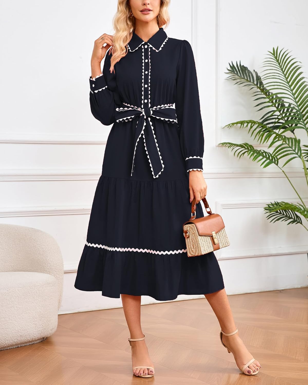 Women's Long Sleeve Midi Dress Casual V Neck Button Down RIC Rac Tiered Flowy Tie Waist Shirt Dress - Image 3