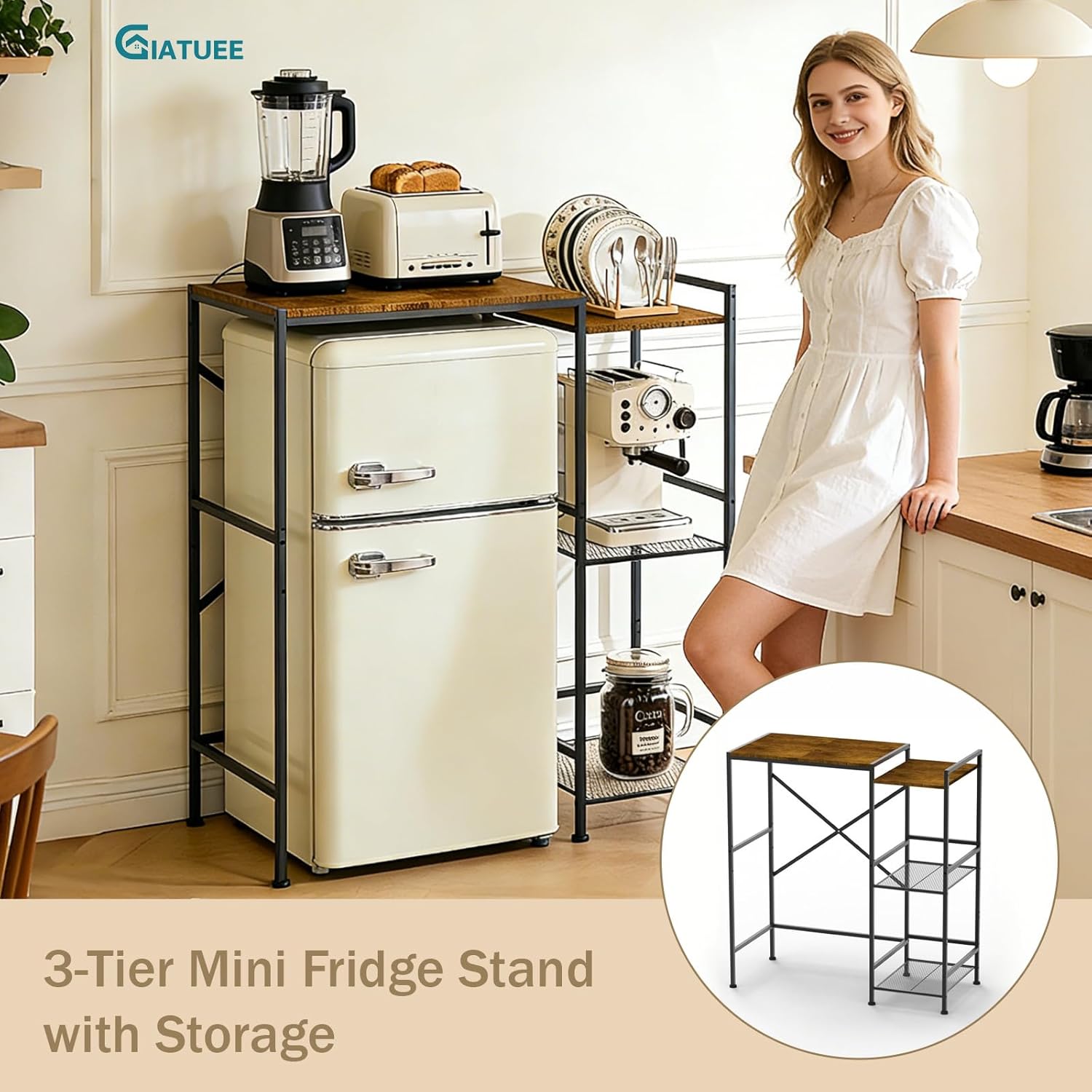 3-Tier Mini Fridge Stand with Storage, Industrial Style Kitchen Organizer Shelves for Microwave, Toaster, Coffee Maker, Multi-Purpose Standing Baker Racks for Home, Dorm, Apartment