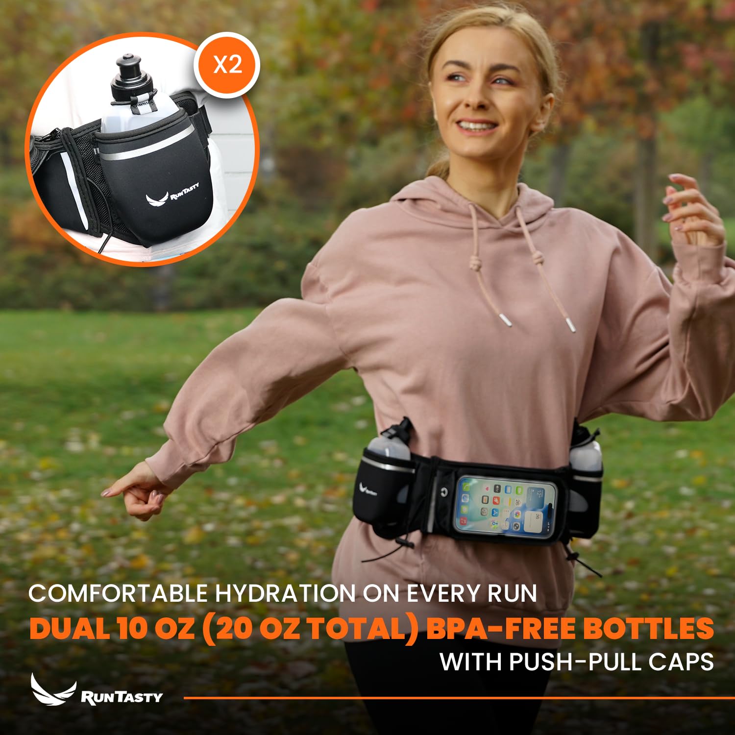 Runtasty, Trinkgürtel für Sieger, Läufer-Trinkgürtel inkl. Zubehör 2 BPA-freie Wasserflaschen und Läufer- E-Book, passend für jedes iPhone, mit Touchscreen-Schutzhülle, Passform ohne Hüpfen und mehr.