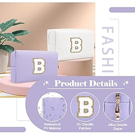 Personalized Makeup Bag Initial A-Z Preppy Patch Bag,Small PU Leather Travel Cosmetic Bag Pouch with Zipper,Purple Cute Toiletry Bag,Gift Ideal for Teen Girls Women Birthday Friend Mom,Latter B