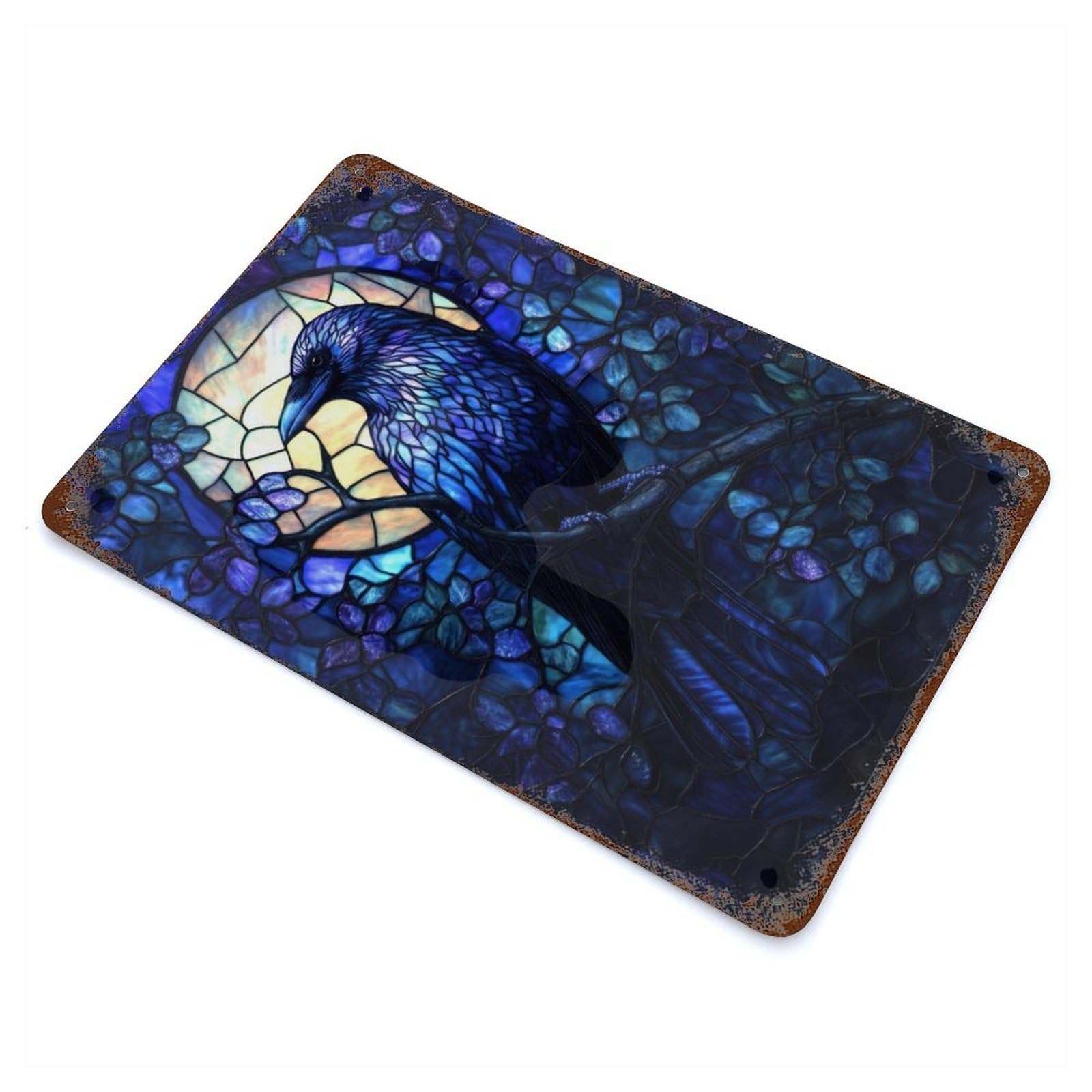 Garage Style Stained Glass Raven Aged Metal Wall Plaque 11.8"x7.9", Farmhouse Wall Decor for Bar And Workshop