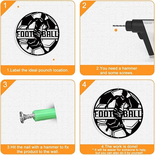 Miniatura 4 de NBEADS Decoración de pared de metal con temática de fútbol, decoración plana redonda negra mate para colgar en la pared, arte de pared para el