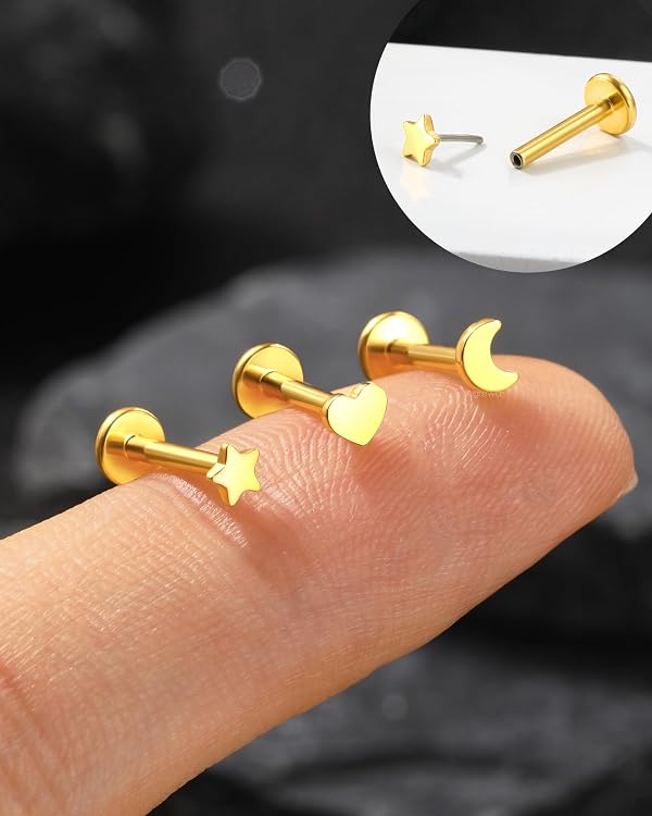 Agrewd Minimalist Star G23 Solid Titanium Helix Earrings 16G Gold Threadless Helix Tragus Jewelry Flat Back Tragus Medusa Piercing Jewelry Surgical Steel by Agrewd - Used condition - Image 6