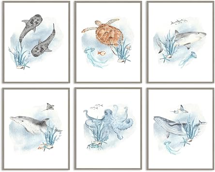 Dazzlewall 6Pcs Kids Ocean Wall Art with Whale Shark Turtle Octopus, Underwater Sea Animal Posters for Nursery Bedroom Bathroom, Blue Marine Life Decor 8x10 in Unframed