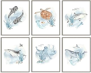 6Pcs Kids Ocean Wall Art with Whale Shark Turtle Octopus, Underwater Sea Animal Posters for Nursery Bedroom Bathroom, Blue Marine Life Decor 8x10 in Unframed