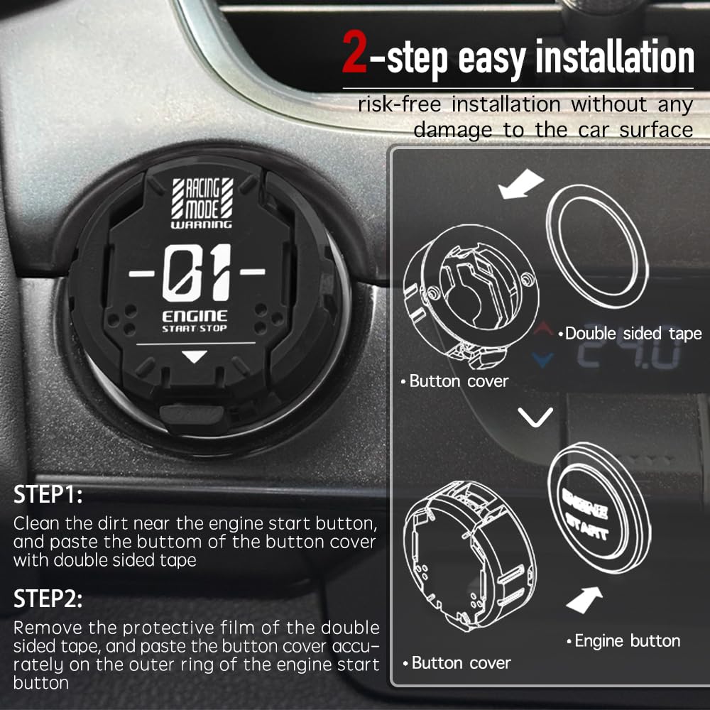 Tybasthe Push Start Button Cover, Metal Mecha Car Engine Start Stop Button Cover Protector, Cool Car Accessories Interior Decor Sticker Decals Motorcycle Key Ignition Switch Cover, Black