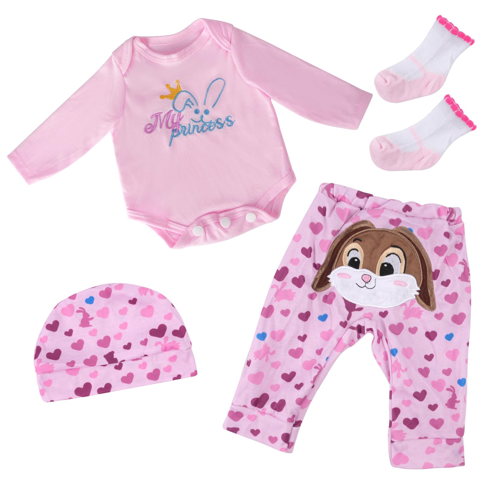 BABESIDE 4 Pcs Reborn Baby Doll Clothes Set for 17-22 Inch Babydolls, Cute Bunny and Heart Pattern Baby Doll Clothing Accessories for Realistic Baby Dolls Girl, Pink