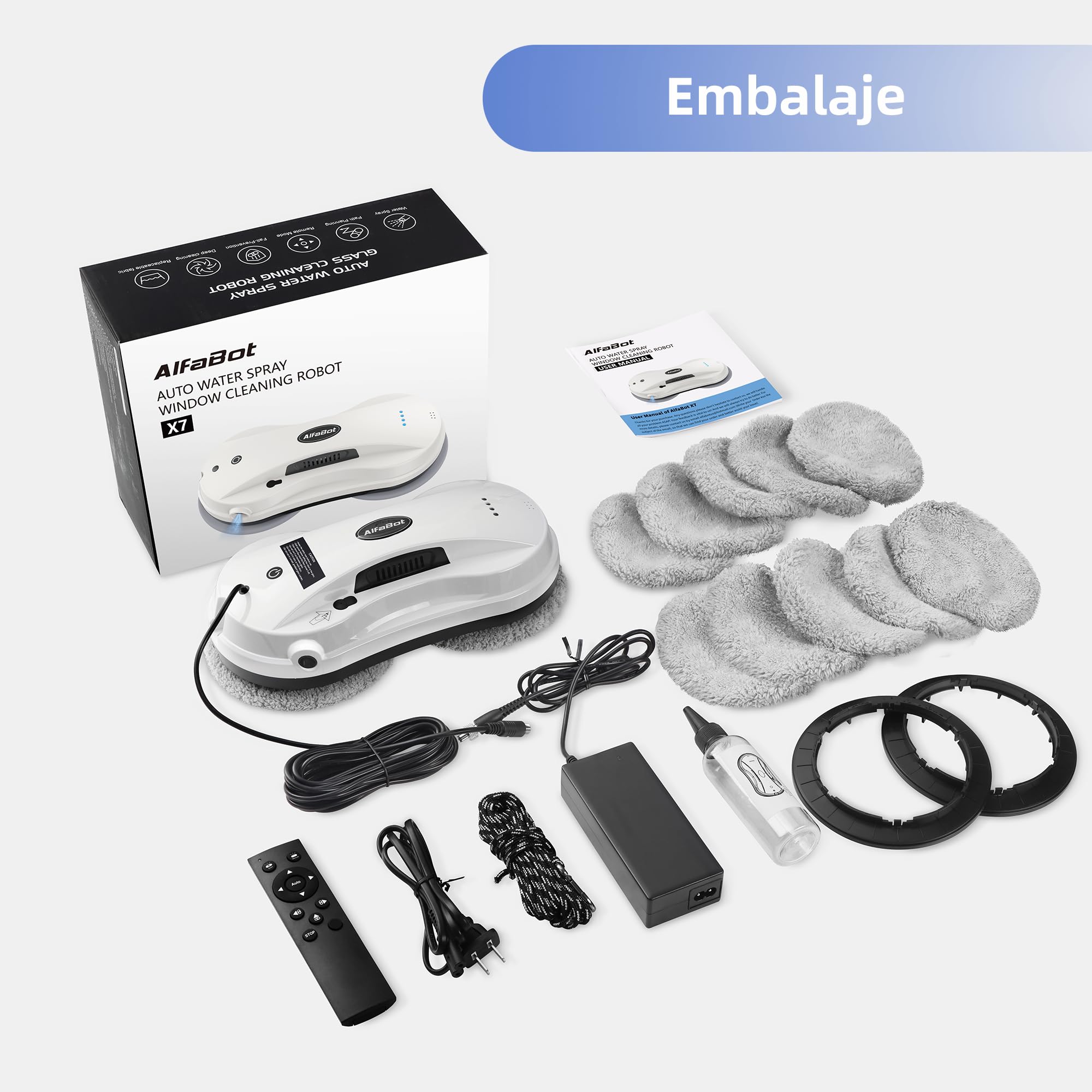 AlfaBot X7 Robot Limpiacristales, Robot Eléctrico para Limpieza de Ventanas con Pulverizador de Doble Dirección y Tanque de 50ml para Lavar Todas Las Superficies Lisas