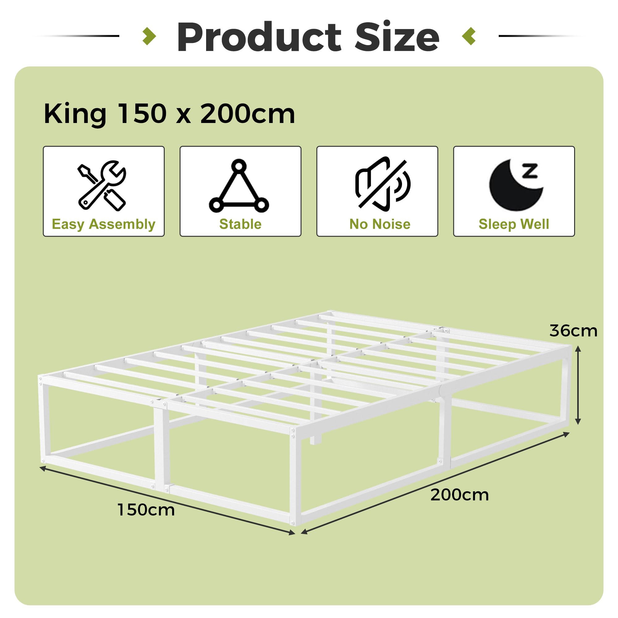 EMODA Cama de Metal 150 x 200 con Somier de Láminas, Marco de Camas Matrimoniales Altura 36 cm con Almacenamiento Debajo, Estructura Resistente, Fácil Montaje, Libre de Ruidos, Blanco