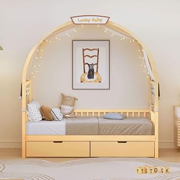 Twin Size Canopy Bed Frame, Vaulted Tent and 2 Storage Drawers,Wood Daybed Beds,With LED Single Color Decorative Light Platform Bed, for Kids Girls Boy Teenager Adults Easy to Assemble (Natural, Twin)