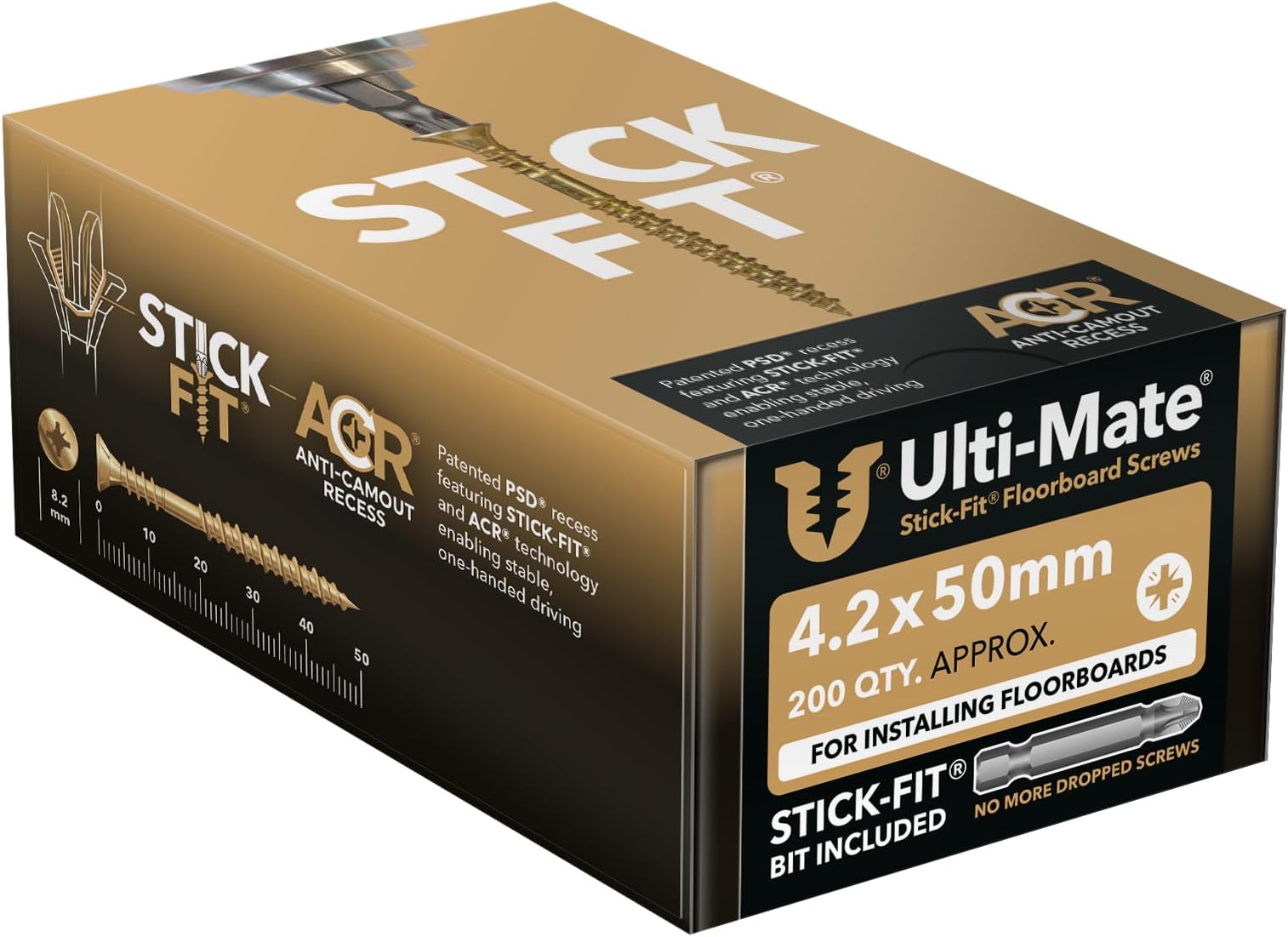 Phillips Ulti-Mate FB42050 Stick-Fit Floorboard Screws - 4.2 x 50mm - Box of 200, Zinc & Yellow
