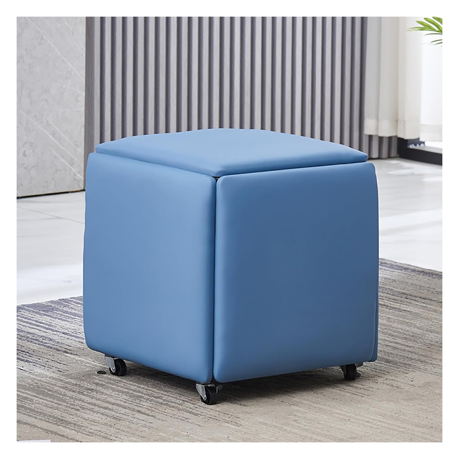 Sillón cúbico anidado 5 en 1 de cuero azul y banco cuadrado con ruedas de 45 cm