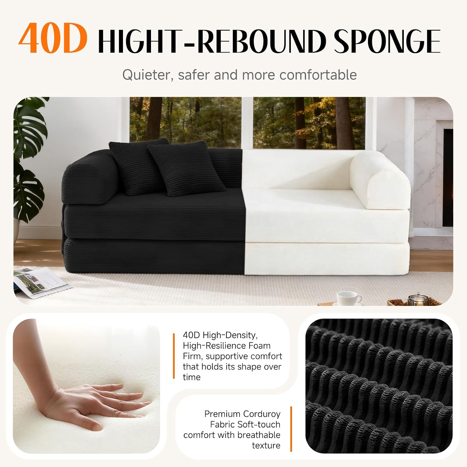 79" Corduroy Sofa Bed Boneless Couch in a Box with 2 Pillows High-Density Foam 4-in-1 Foldable Sleeper Futon Loveseat for Small Spaces No Assembly Side Pockets Black