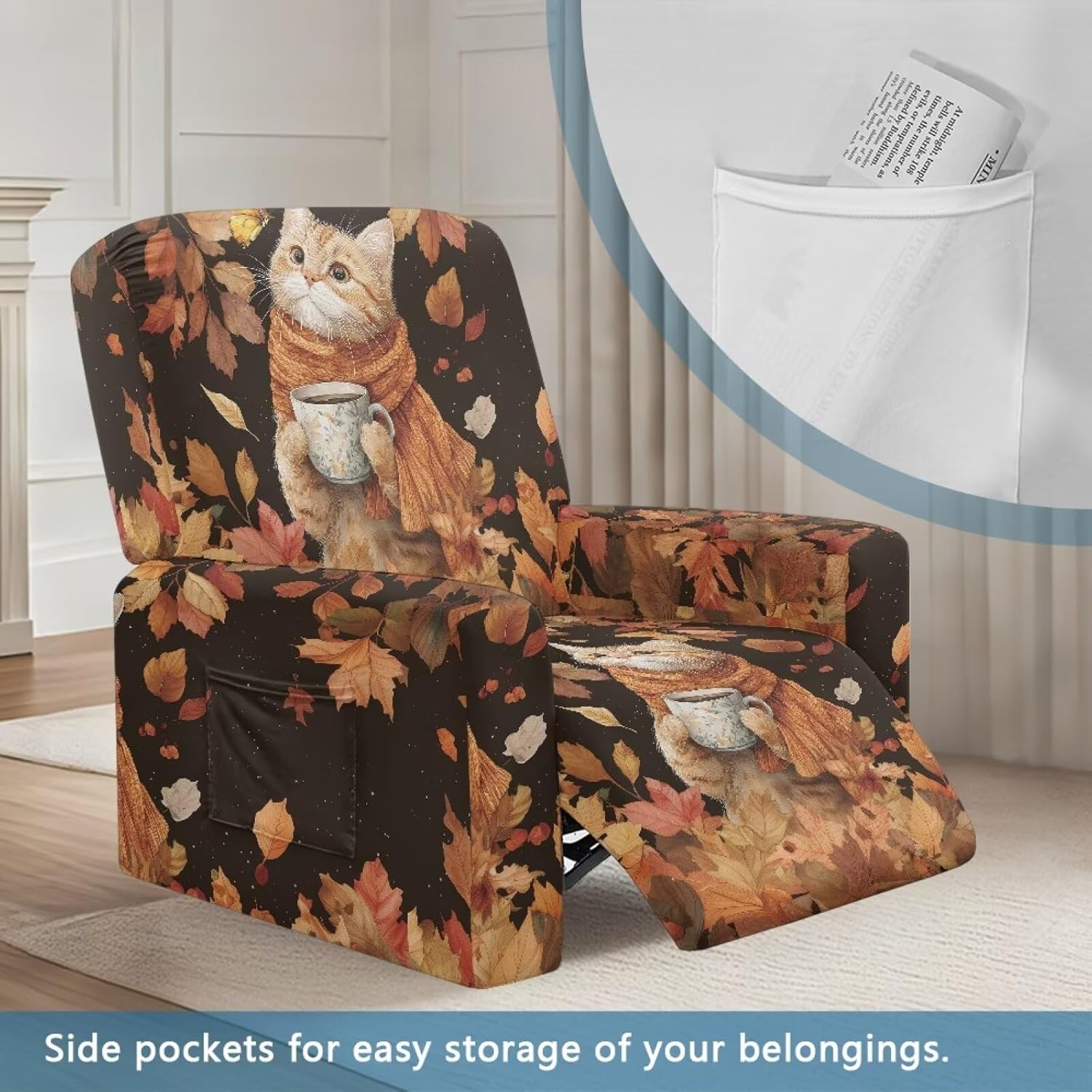 FOR U DESIGNS Cat Maple Leaves Recliner Chair Covers 4 Pieces Stretch Sofa Slipcover Stay in Place with Side Pockets Pet Hair Resistant Soft Fabric Protector for Single Seater