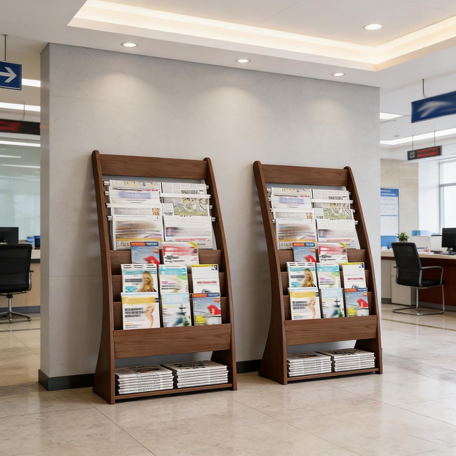 Brochure Display Rack Floor Standing Magazine Rack Magazine Display Stand with Newspaper Holders Wooden Newspaper Rack Literature Catalog Display Holder Magazine Stand for Office Lobby Hospit Style 2