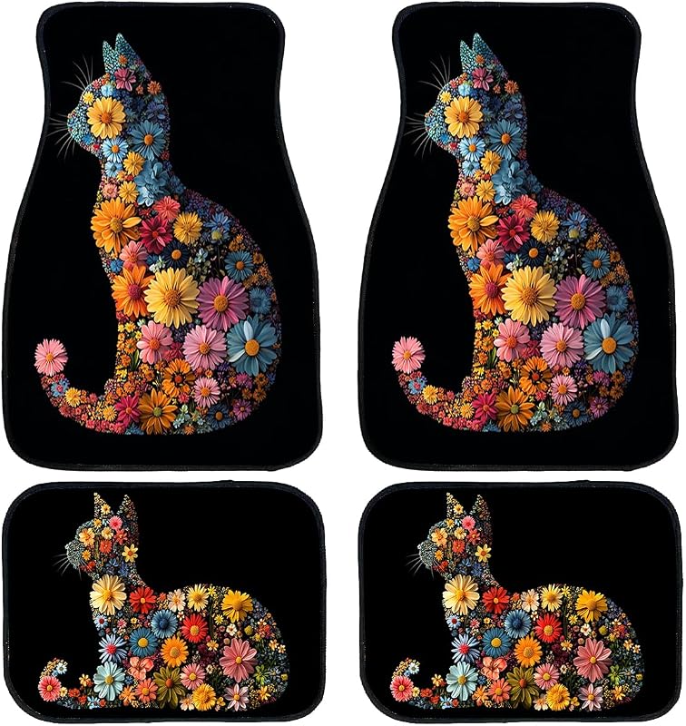 Kit de Tapetes Automotivos PTWZJN com Estampa de Gatos e Flores, Base de Borracha Antiderrapante, para Carro, SUV, Caminhão e Van, 4 Peças