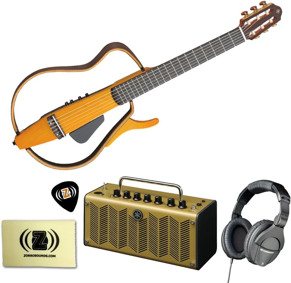 Yamaha SLG130NW Classical Style Silent Guitar BUNDLE with Yamaha THR5A Desktop Acoustic Guitar Amp, Sennheiser HD280 Pro DJ-Style Closed Ear Noise Isolating Headphones, Zorro Guitar Cloth and Limited Edition Zorro Dunlop Sampler Pick Pack