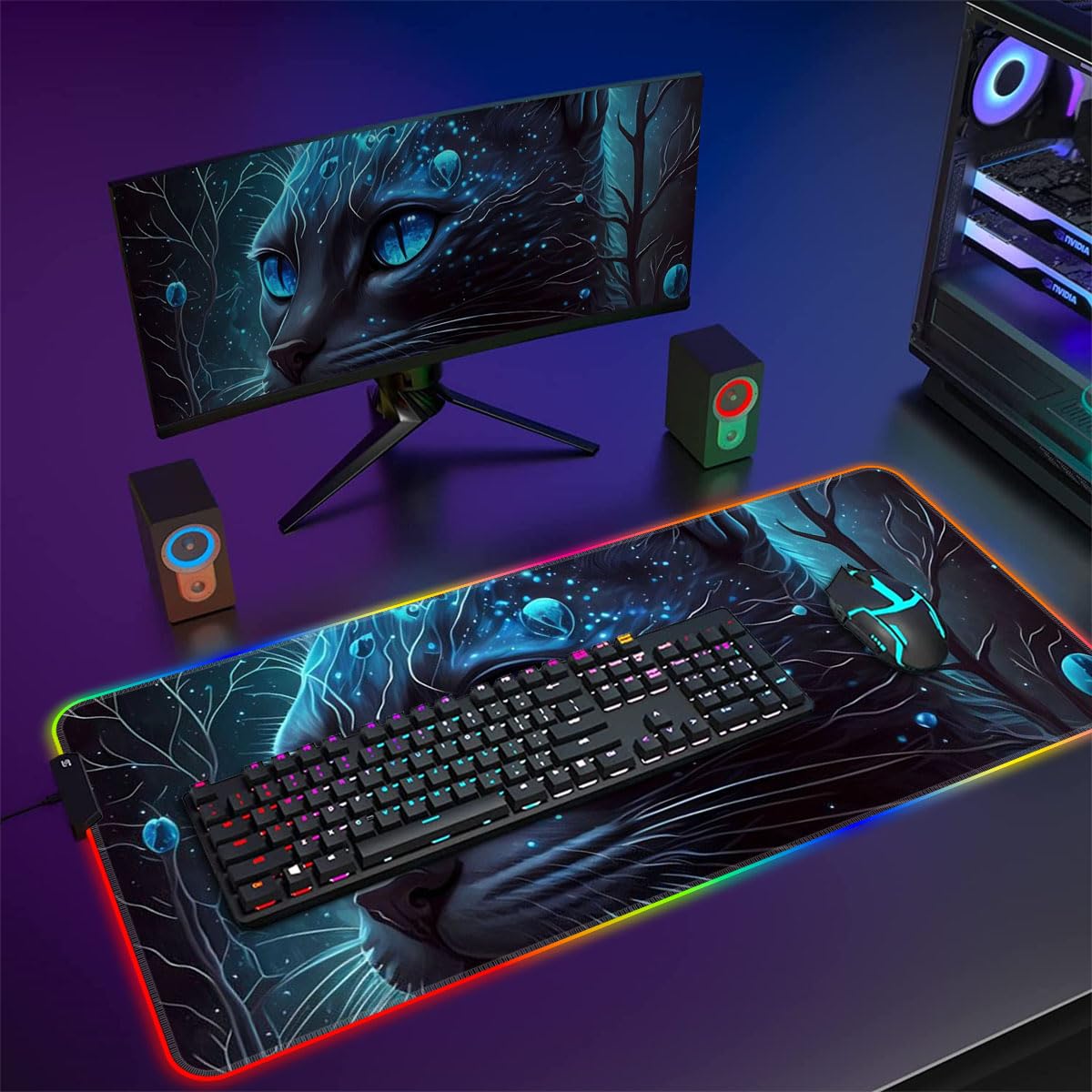 Tapis de Souris de Jeu RGB XXL Grand Tapis de Souris de Jeu LED 14 Modes d'éclairage 7 Couleurs Surface étanche Clavier étendu Tapis de Souris pour Ordinateur Gamer Chat Siamois 40 x 90 cm