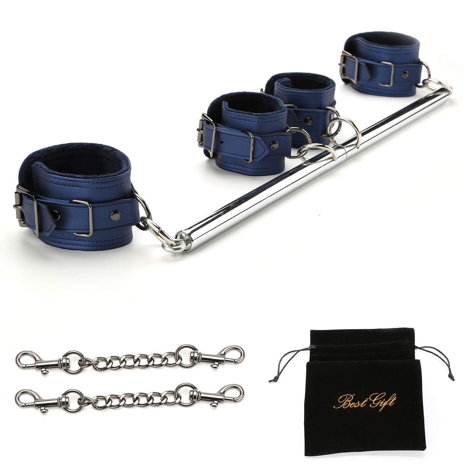 EXREIZST Silver Spreader Bar with 4 Blue Leather Straps Set Adjustable Bar Training Tools Set Kit (Blue/Blue)