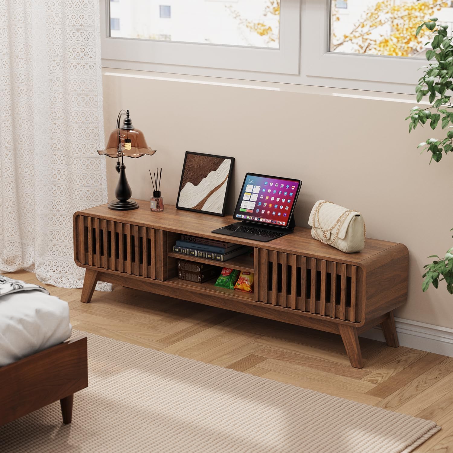 Mid Century Modern TV Stand for 65 Inch TVs, Fluted Media Console with Sliding Doors, 59-Inch Long Entertainment Center with Storage & Shelves,TV Console Table for Living Room & Bedroom, Walnut