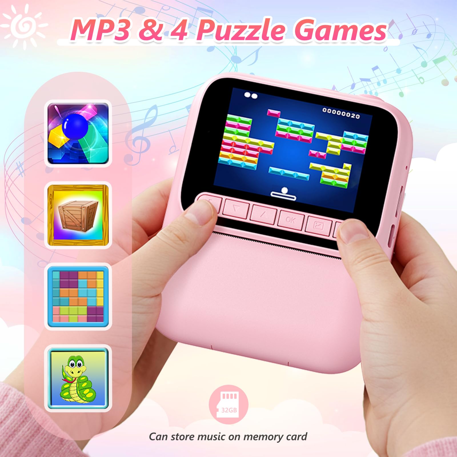 Macchina Fotografica Bambini Istantanea,Fotocamera Istantanea 1080P con 5 Rotoli di Carta da Stampa,Scheda da 32GB e Penne Colorate,Fotocamera Digitale Portatile per Bambini dai 3-14 Anni (Rosa)