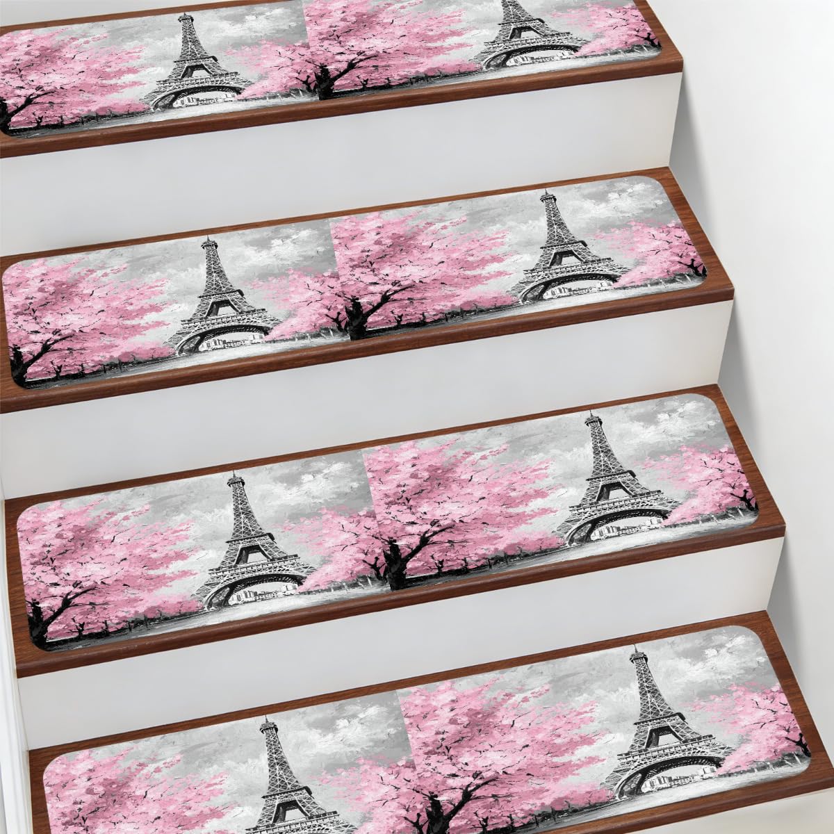 Alfombra antideslizante con textura suave lavable y estampado Torre Eiffel rosa de 10 piezas