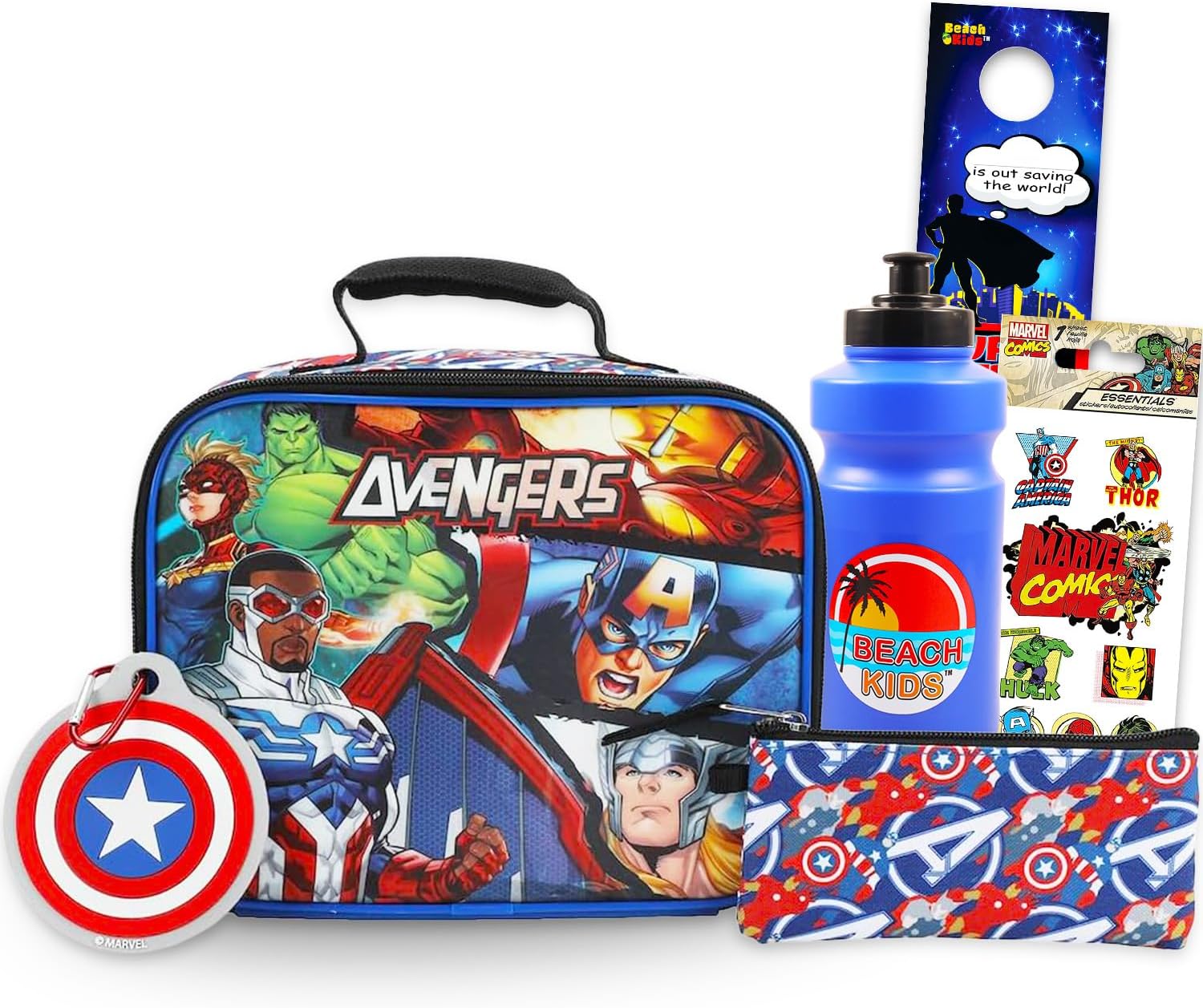 Marvel Avengers Lunch Box for Boys Set - Bundle Lunch Bag, Keychain, Water Bottle, Stickers, More Avengers Meal Container Kit for Kids