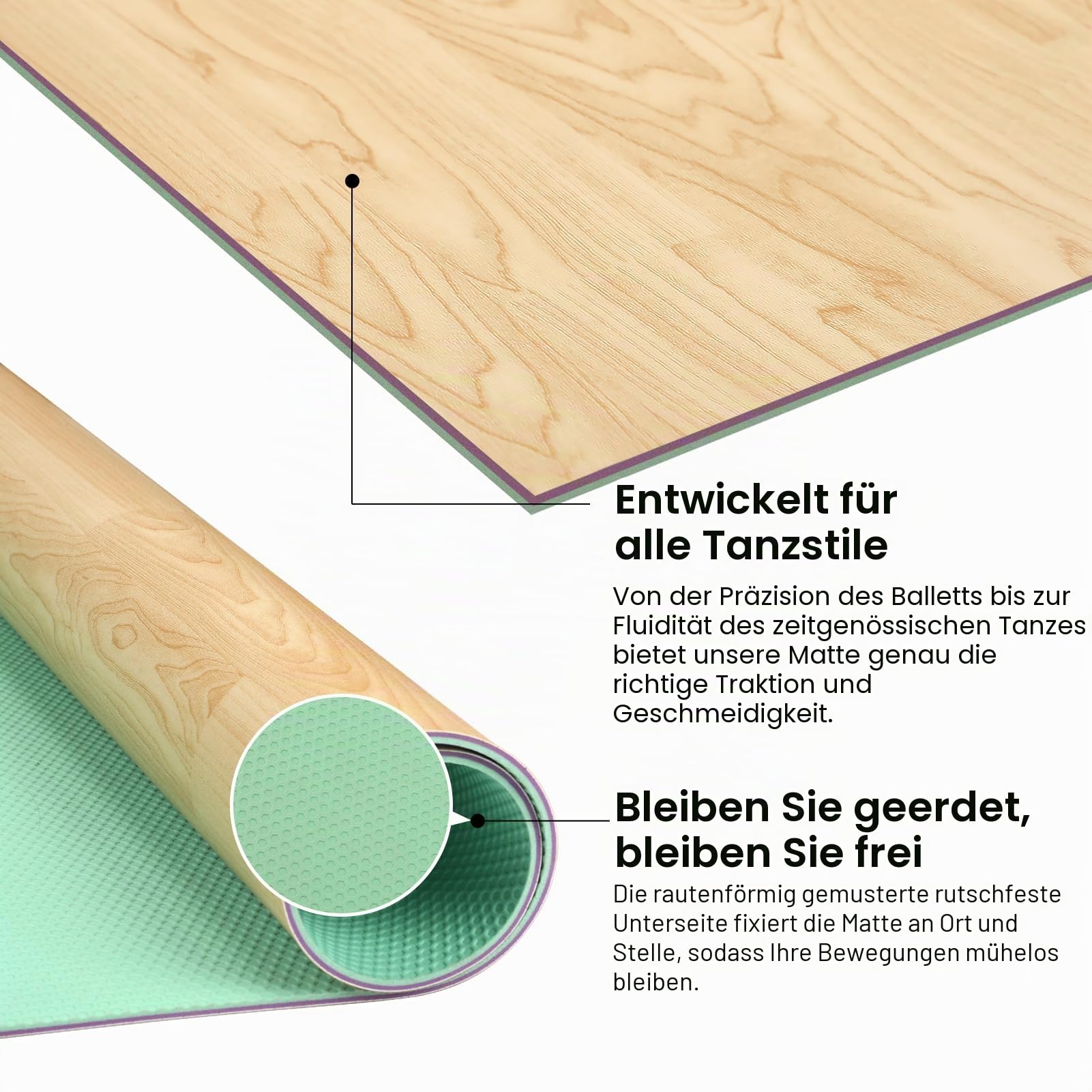 Tragbare Tanzbodenmatte, 9 x 1,2 m und 1,2 x 1,8 m, 5 mm dicke PVC-Tanzfläche für Ballett, Jazz, Pop und andere Tanzformen, rutschfester und stoßdämpfender Übungsboden für Zuhause, Studio