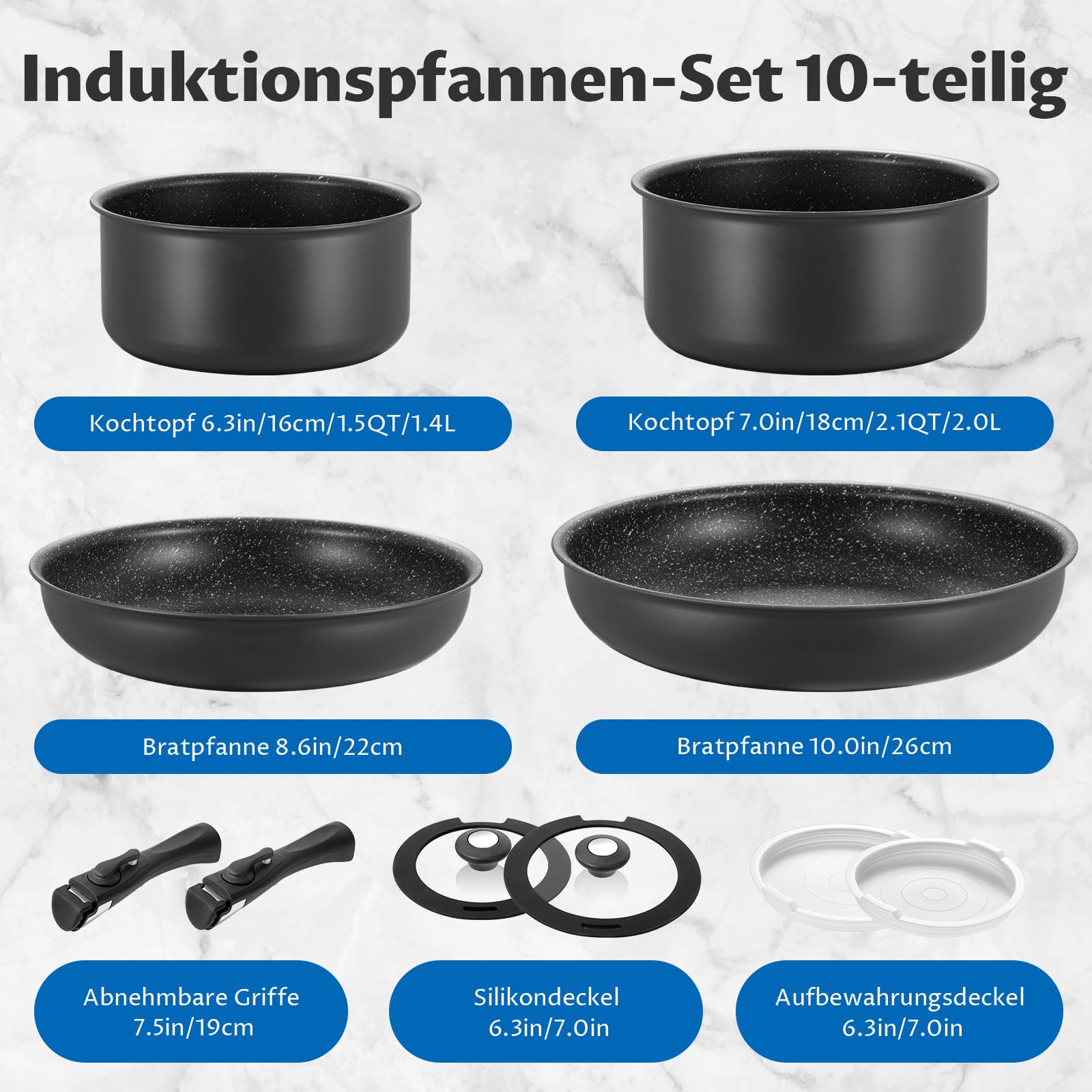 BEZIA Topfset mit Abnehmbarem Griff, 10-tlg Töpfe & Pfannen Set für Camping | Stapelbares Topf- & Pfannenset für kompakte Küchen, alle Herde inkl. Induktion, PFAS-freies Kochgeschirr, Ofenfest bis 230°C