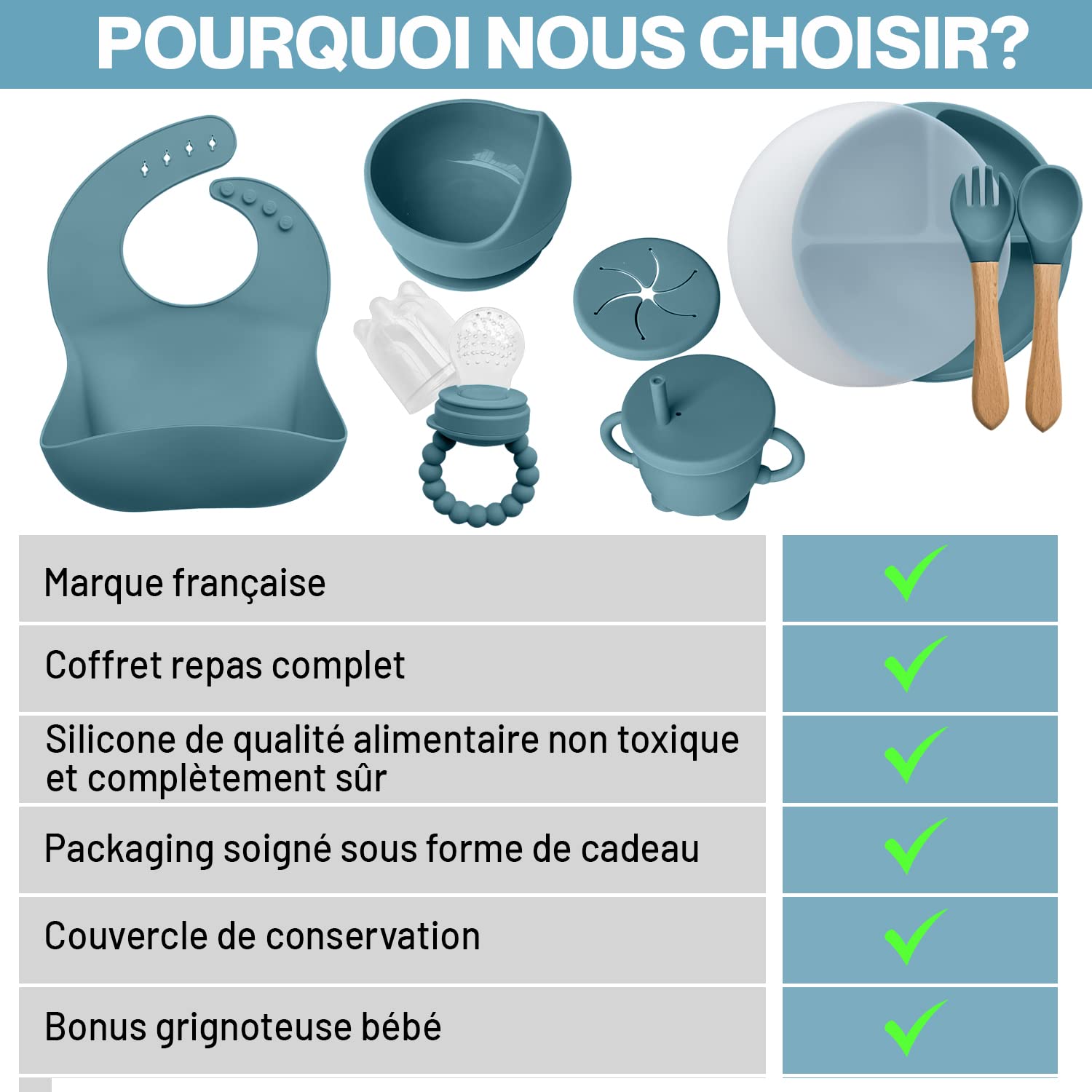 Coffret Repas Bébé Silicone 10 Pièces – Assiette Bol Antidérapants Ventouse Couverts Fourchette Cuillère Tasse Hermétique Bavoir Grignoteuse Cadeau Naissance Bleu