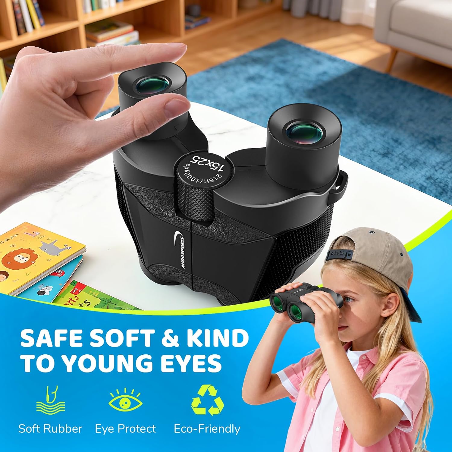Aurosports 15x25 Compact Binoculars for Kids - Small Binoculars Lightweight with Carrying Case Birding Guide for Bird Watching Hiking Camping Travel Gift for 8-12 Years Boys Girls (Black)
