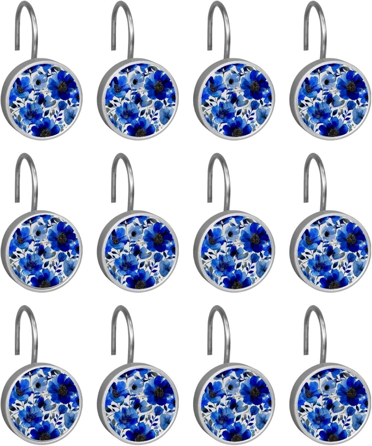 12PCS Blue Flowers Watercolor Floral (5) Shower Curtain Hooks Rings for Bathroom, Decorative Shower Curtain Hooks Rods Curtains and Liner