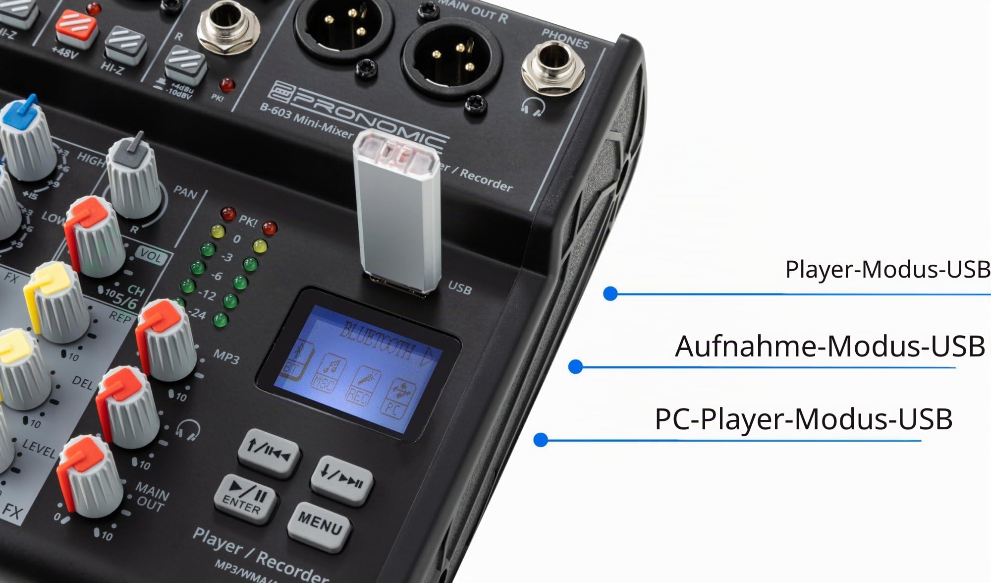Pronomic B-803 Mini-Mixer mit Bluetooth und USB-Recording, 3mm Klinke | Kompakter 8-Kanal Mixer, 6 Mono-Kanäle mit symmetrischem XLR/Klinke-Eingängen, 1 Stereo-Kanal mit Klinke-Eingängen, 45 kg